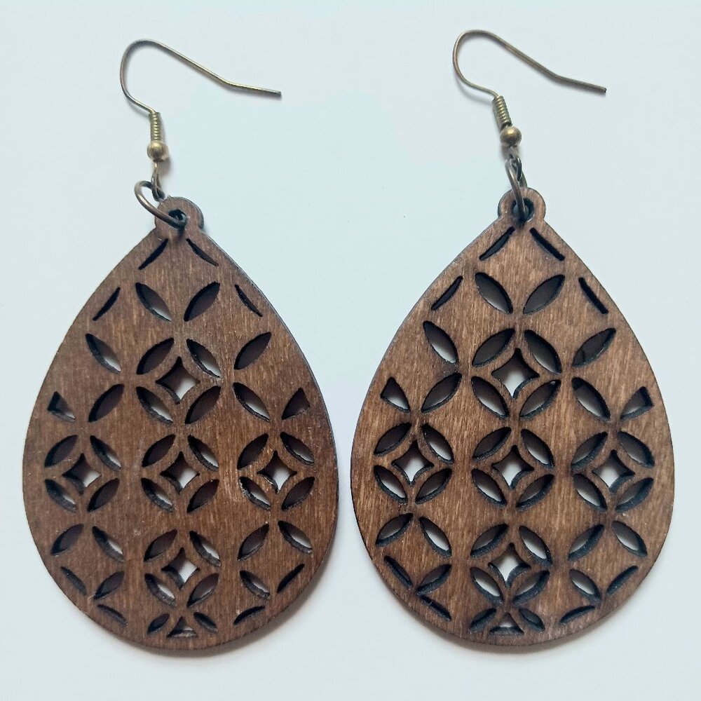 Real Wood Lattice Tear Drop Light weight Earrings
